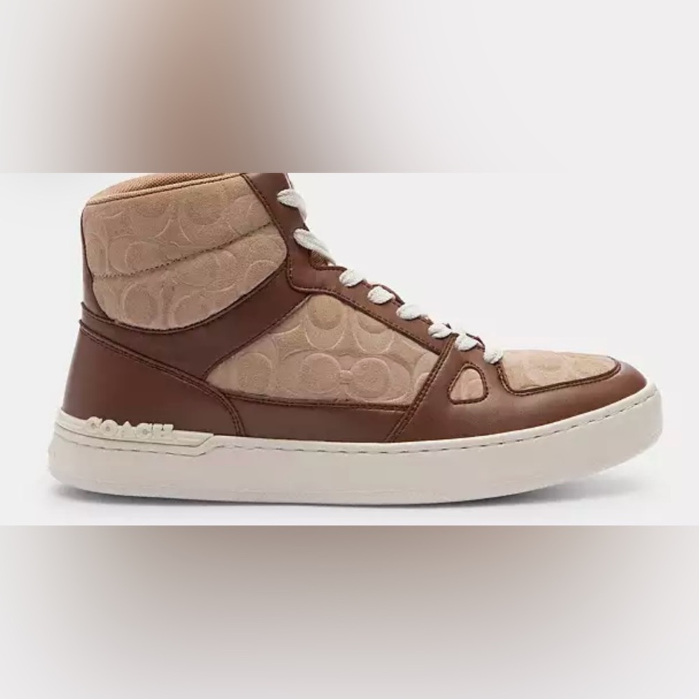 New Authentic Coach Mens Taupe Clip Court High Top Sneaker In Signature Sz 11 - Picture 2 of 14
